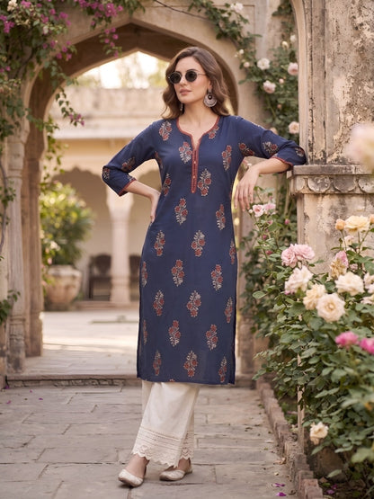 Printed Straight Kurta With Three Quarter