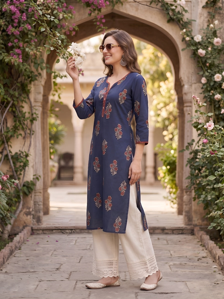 Printed Straight Kurta With Three Quarter