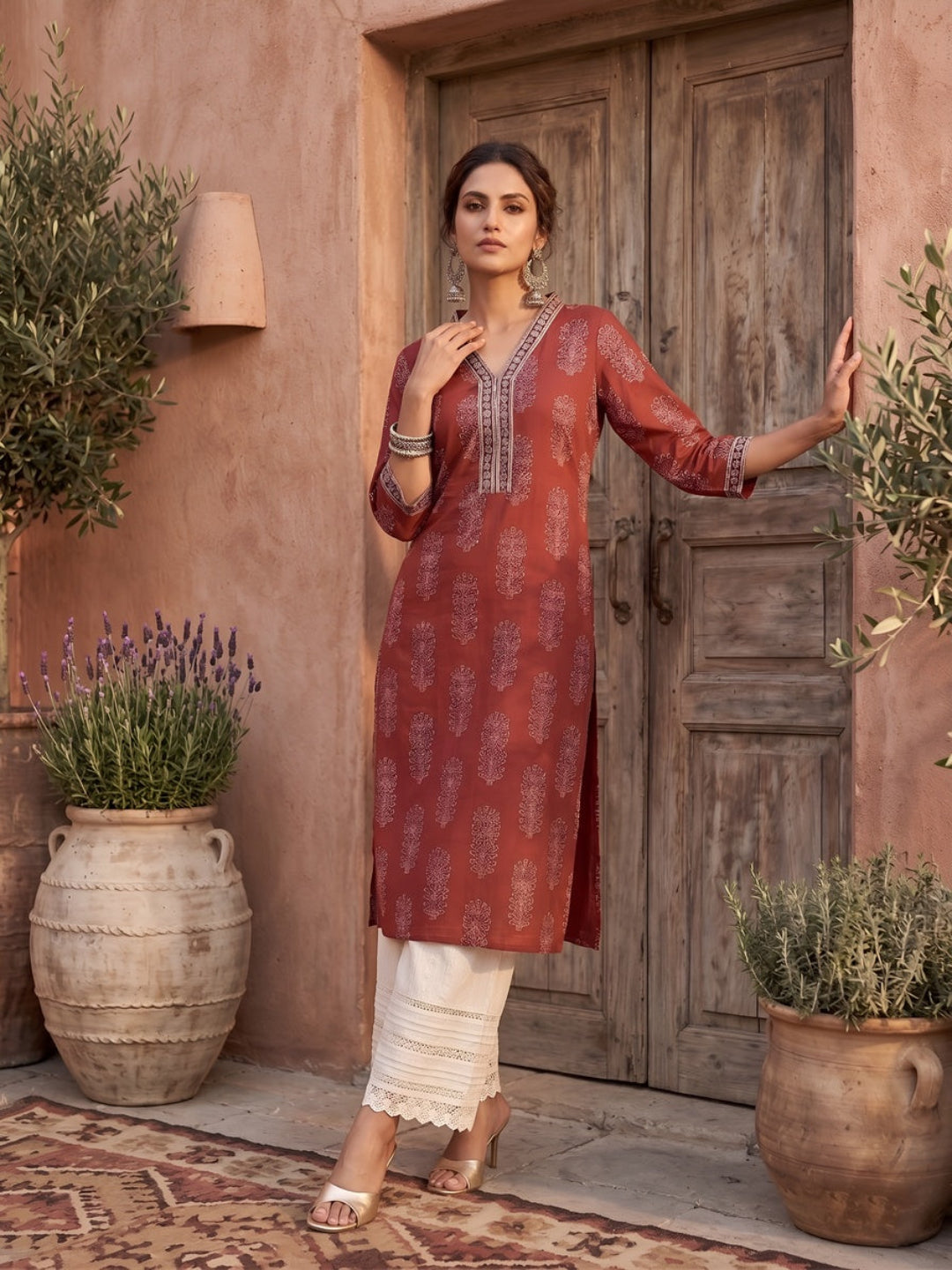 Printed Straight Kurta with Three Quarter Sleeves