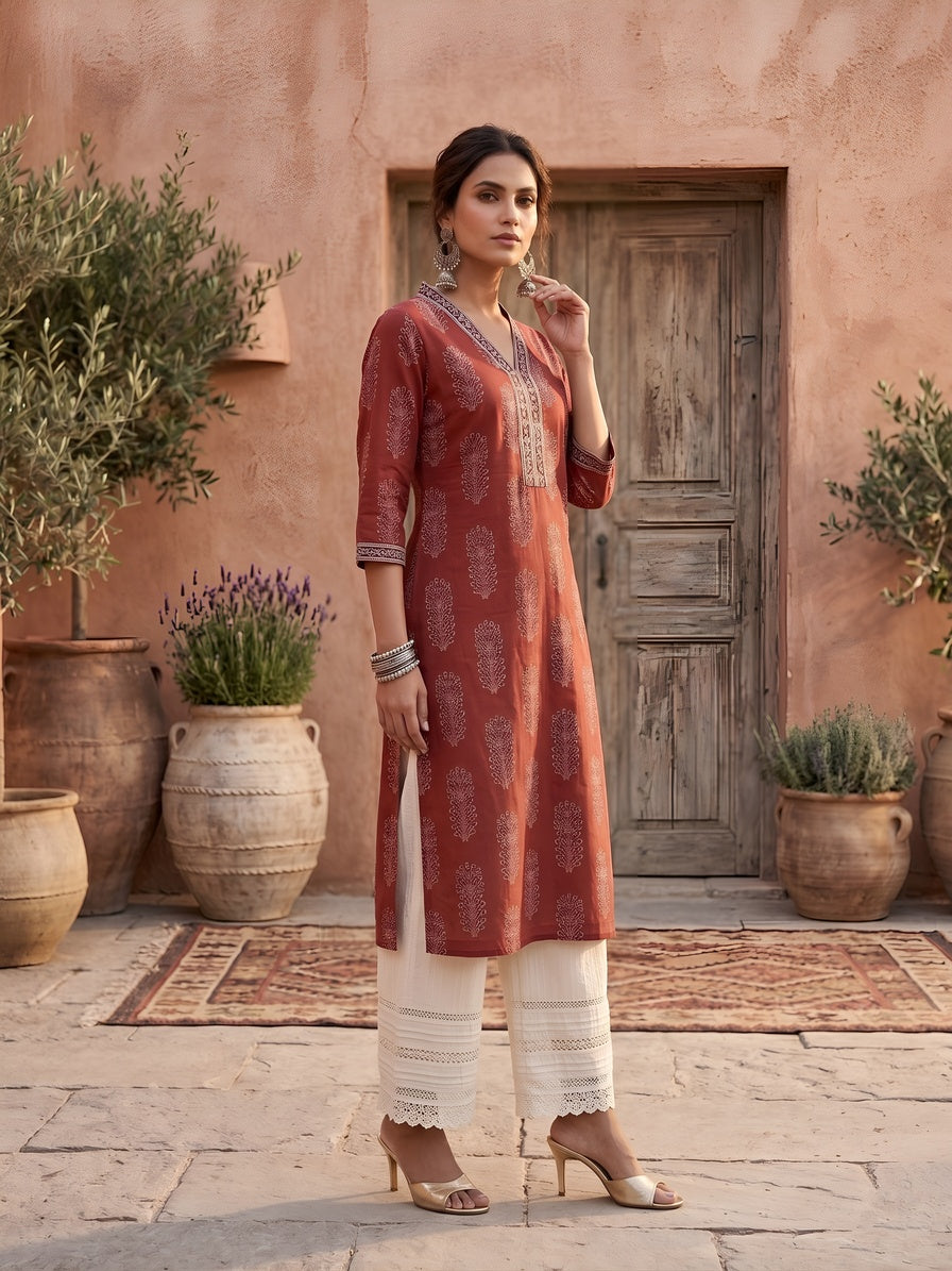 Printed Straight Kurta with Three Quarter Sleeves