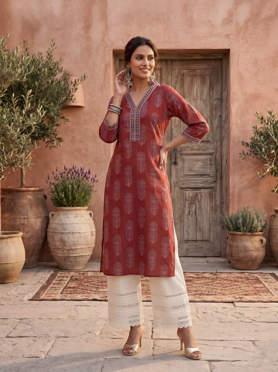 Printed Straight Kurta with Three Quarter Sleeves