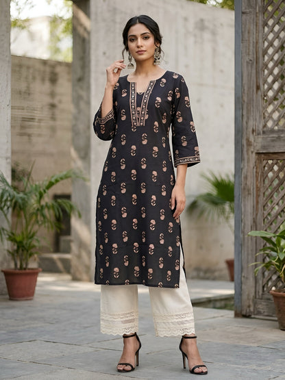Printed Straight Kurta with Three Quarter Sleeves