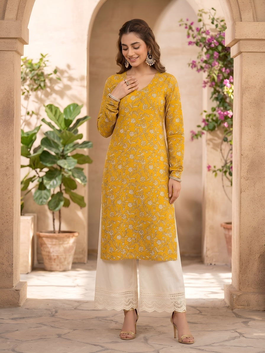 Printed Straight Kurta with Three Quarter Sleeves