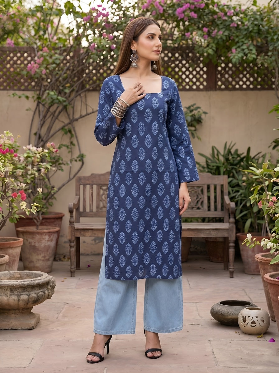 Printed Straight Kurta with Three Quarter Sleeves