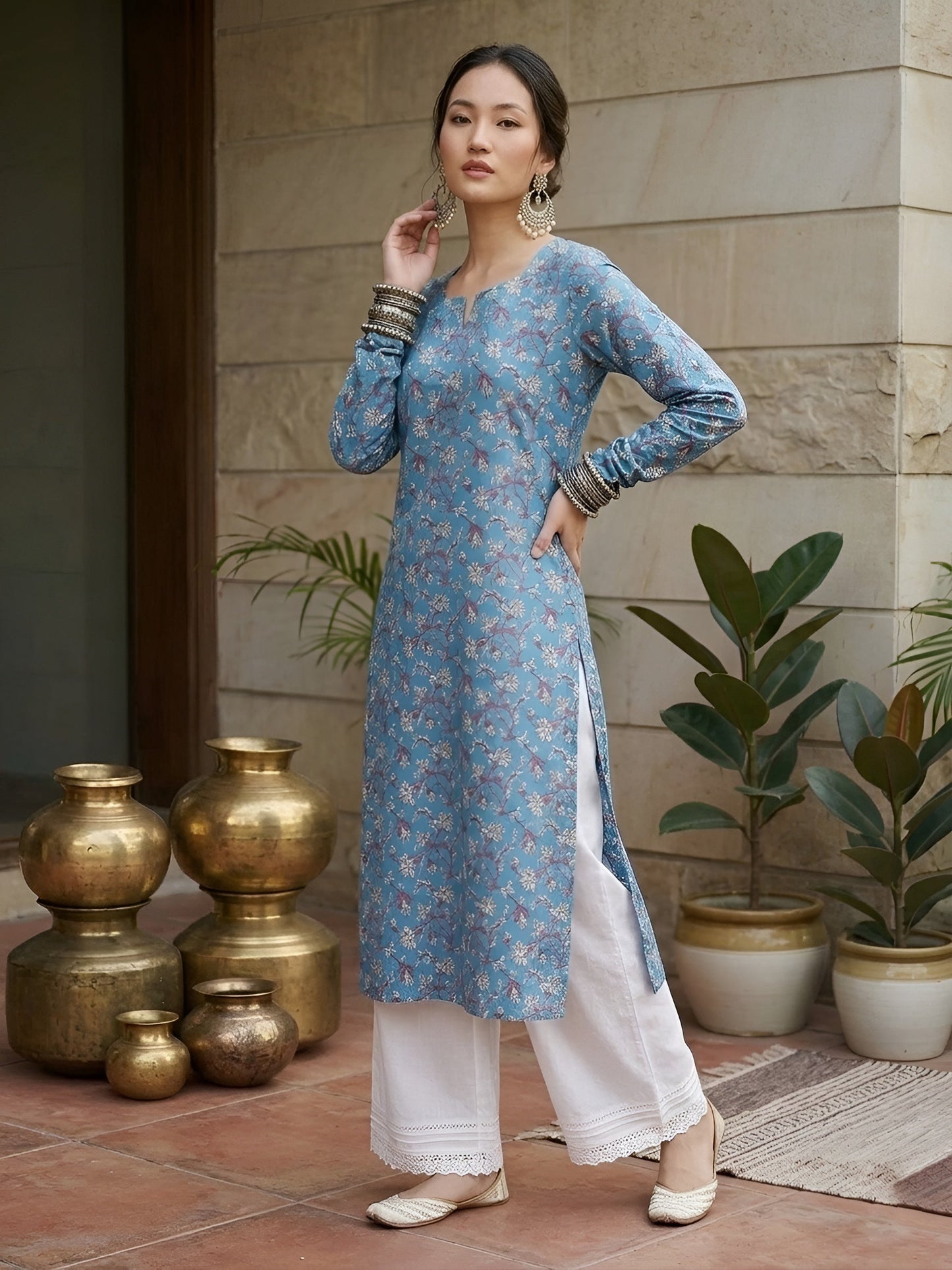Printed Straight Kurta with Three Quarter Sleeves