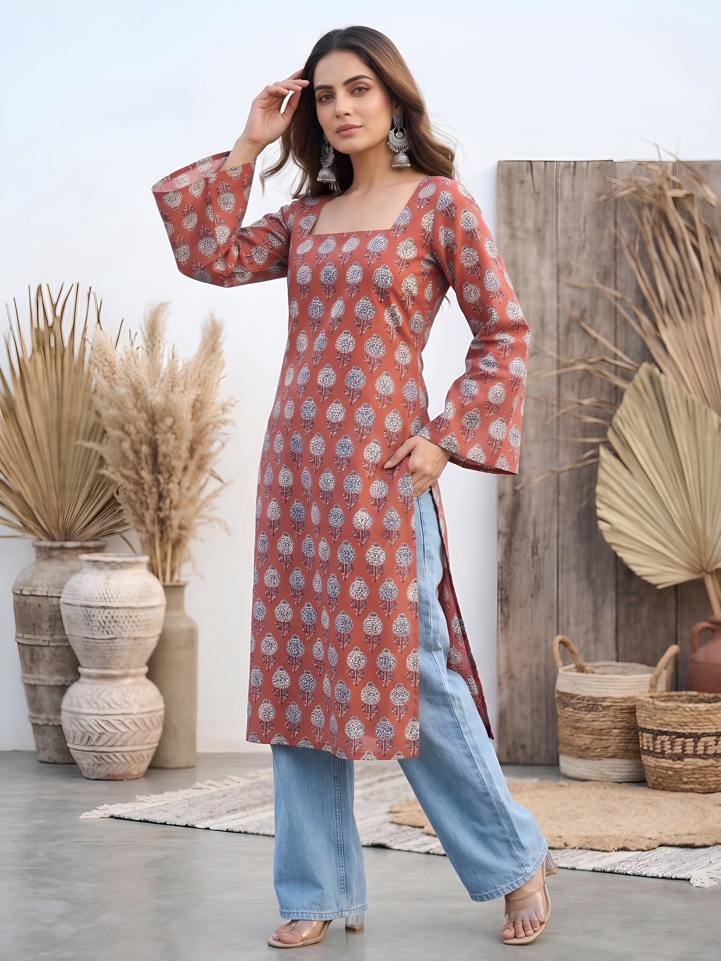 Printed Straight Kurta with Three Quarter Sleeves