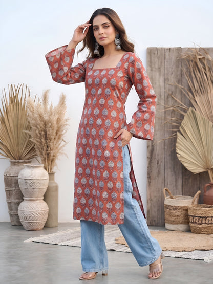 Printed Straight Kurta with Three Quarter Sleeves