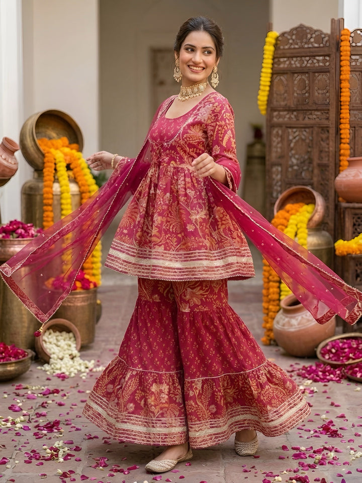 Printed Peplum Kurta Set With Dupatta