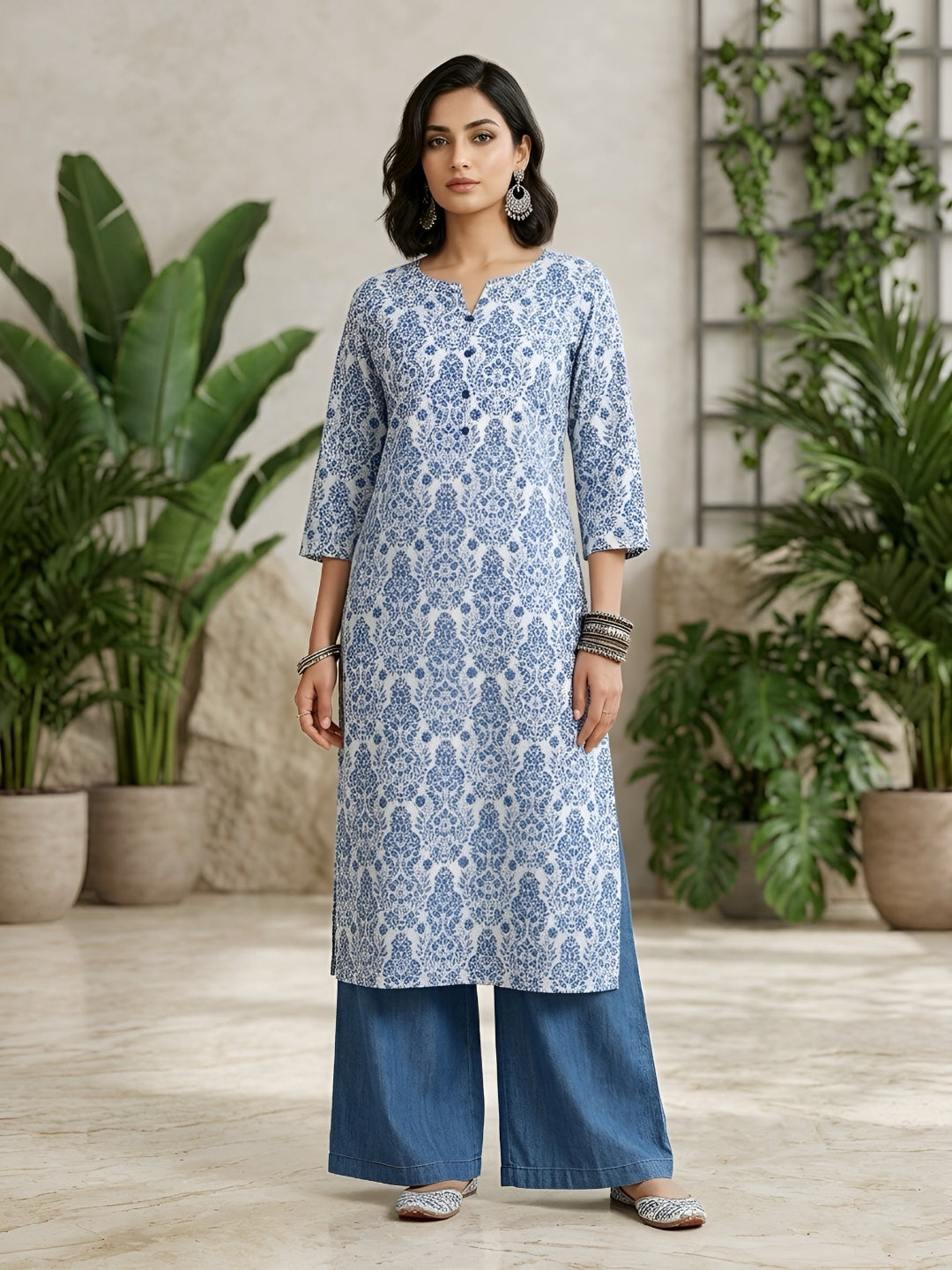 Printed Straight Kurta with Three Quarter Sleeves