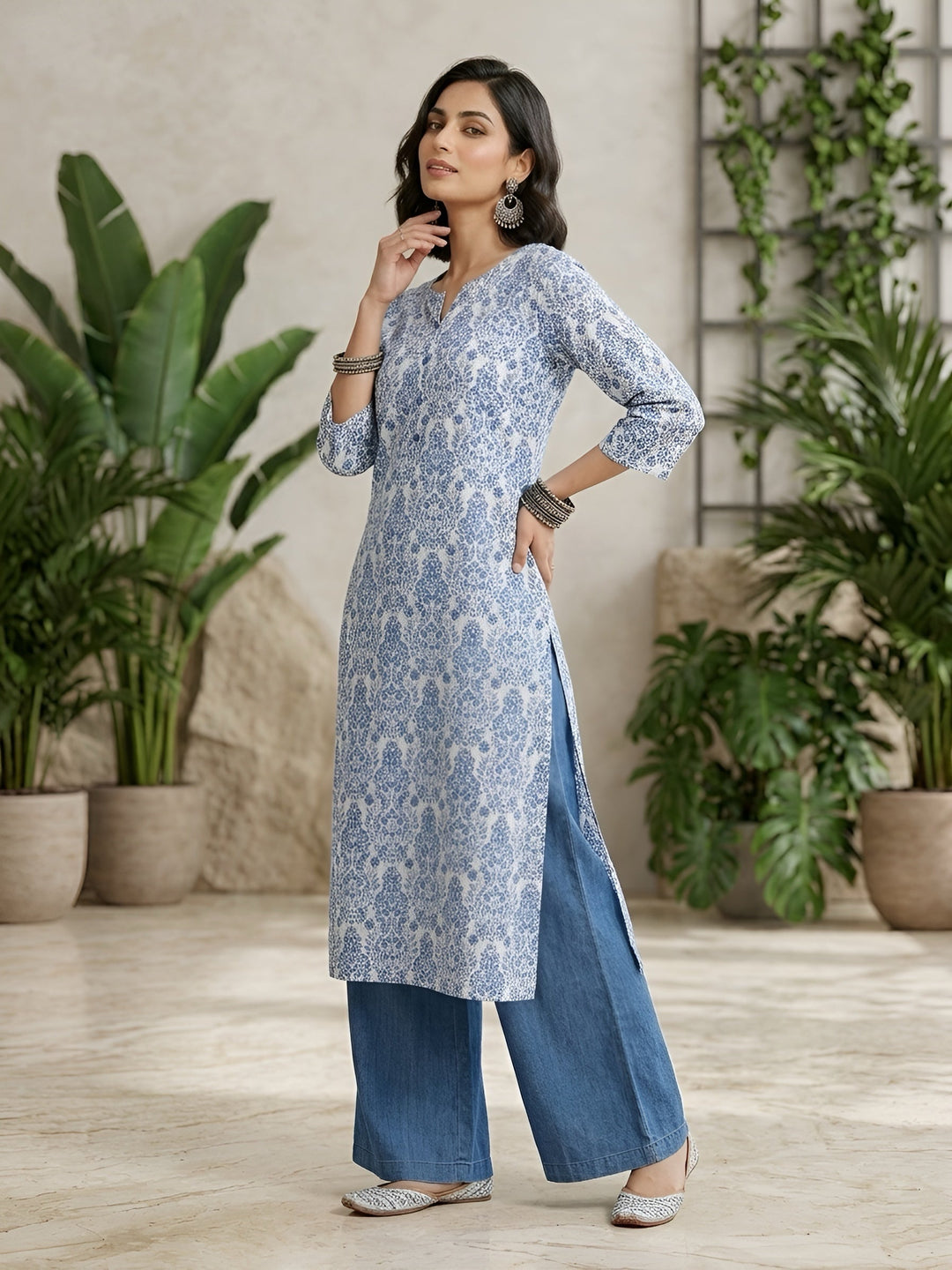 Printed Straight Kurta with Three Quarter Sleeves