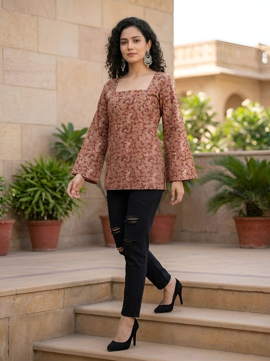 Brown Printed Straight Tunic