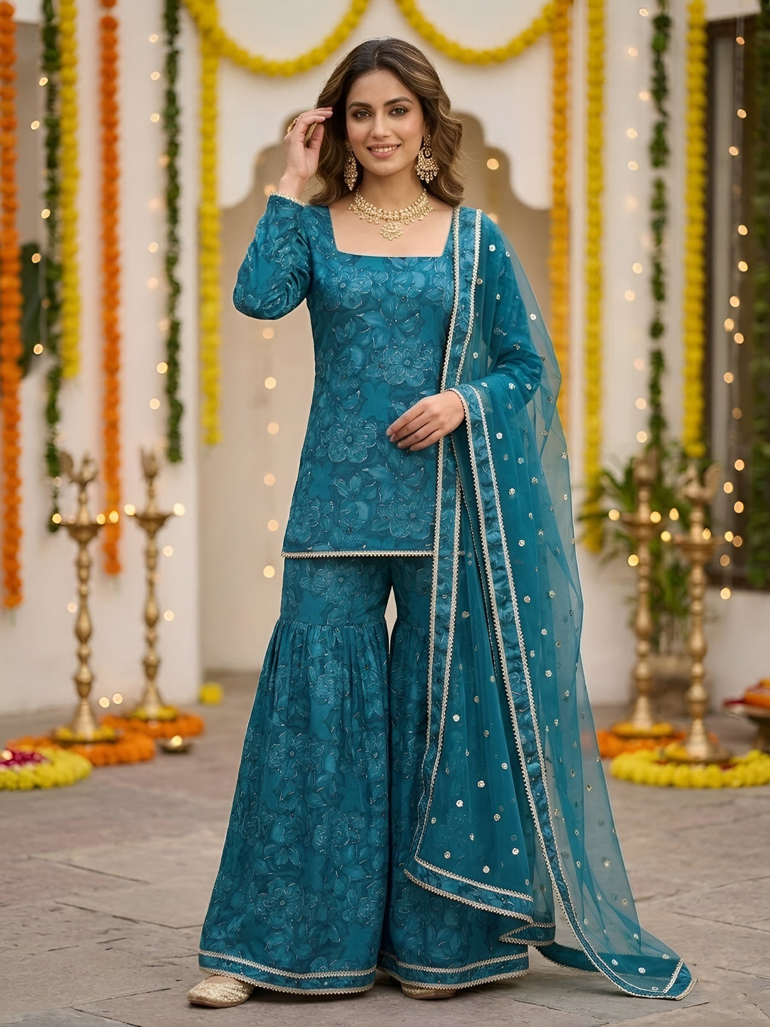 Printed Straight Sharara Set With Dupatta