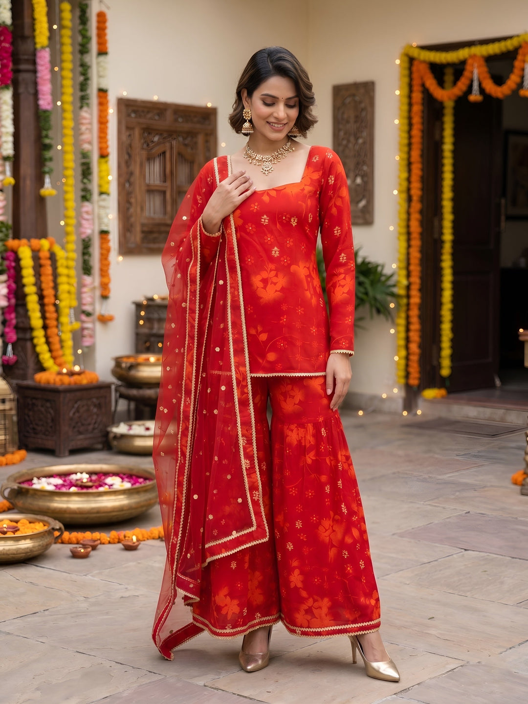 Printed Straight Sharara Set With Dupatta