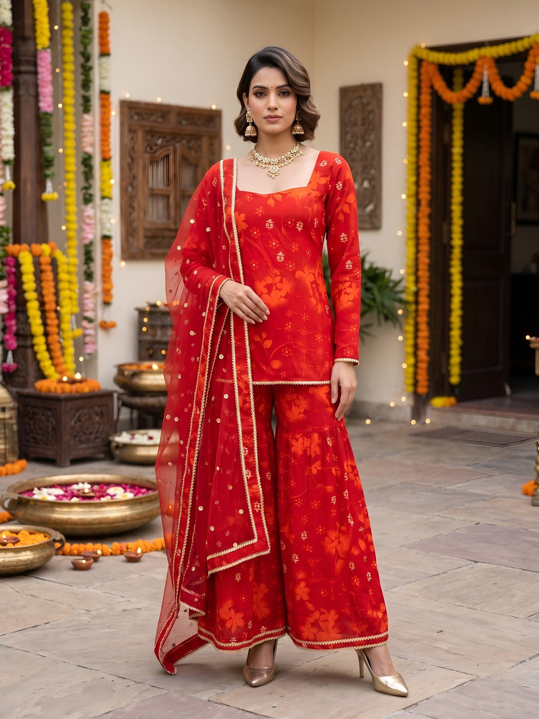 Printed Straight Sharara Set With Dupatta