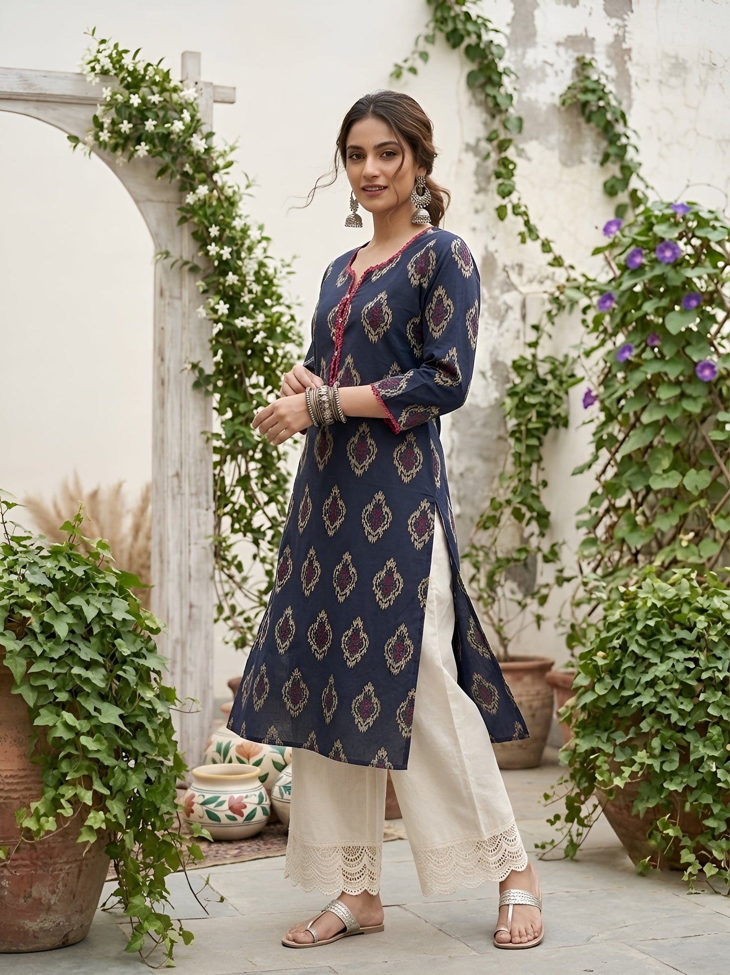 Printed Straight Kurta With Three Quarter Sleeves