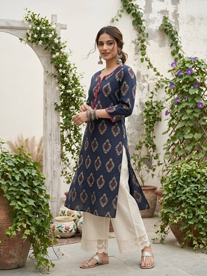 Printed Straight Kurta With Three Quarter Sleeves