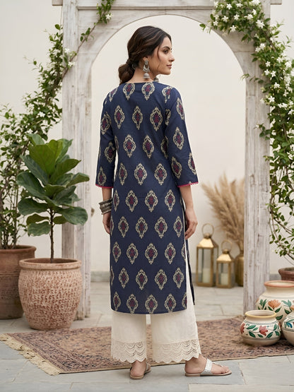 Printed Straight Kurta With Three Quarter Sleeves