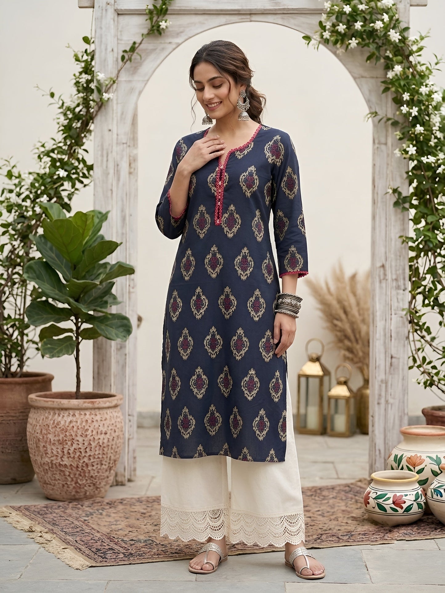 Printed Straight Kurta With Three Quarter Sleeves