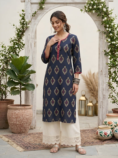 Printed Straight Kurta With Three Quarter Sleeves