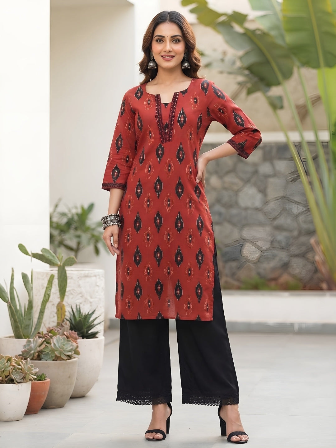 Printed Straight Kurta With Three Quarter Sleeves