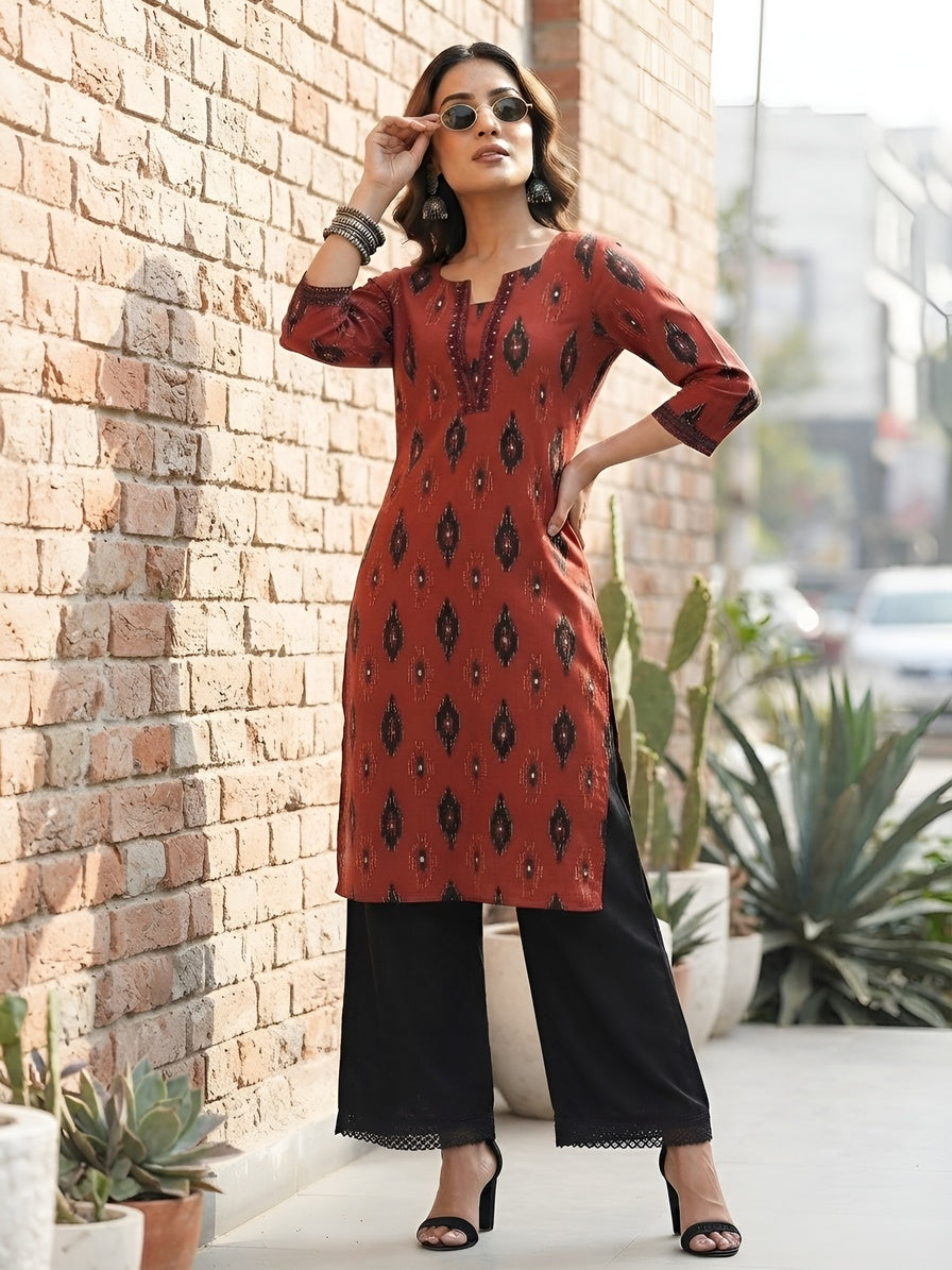 Printed Straight Kurta With Three Quarter Sleeves