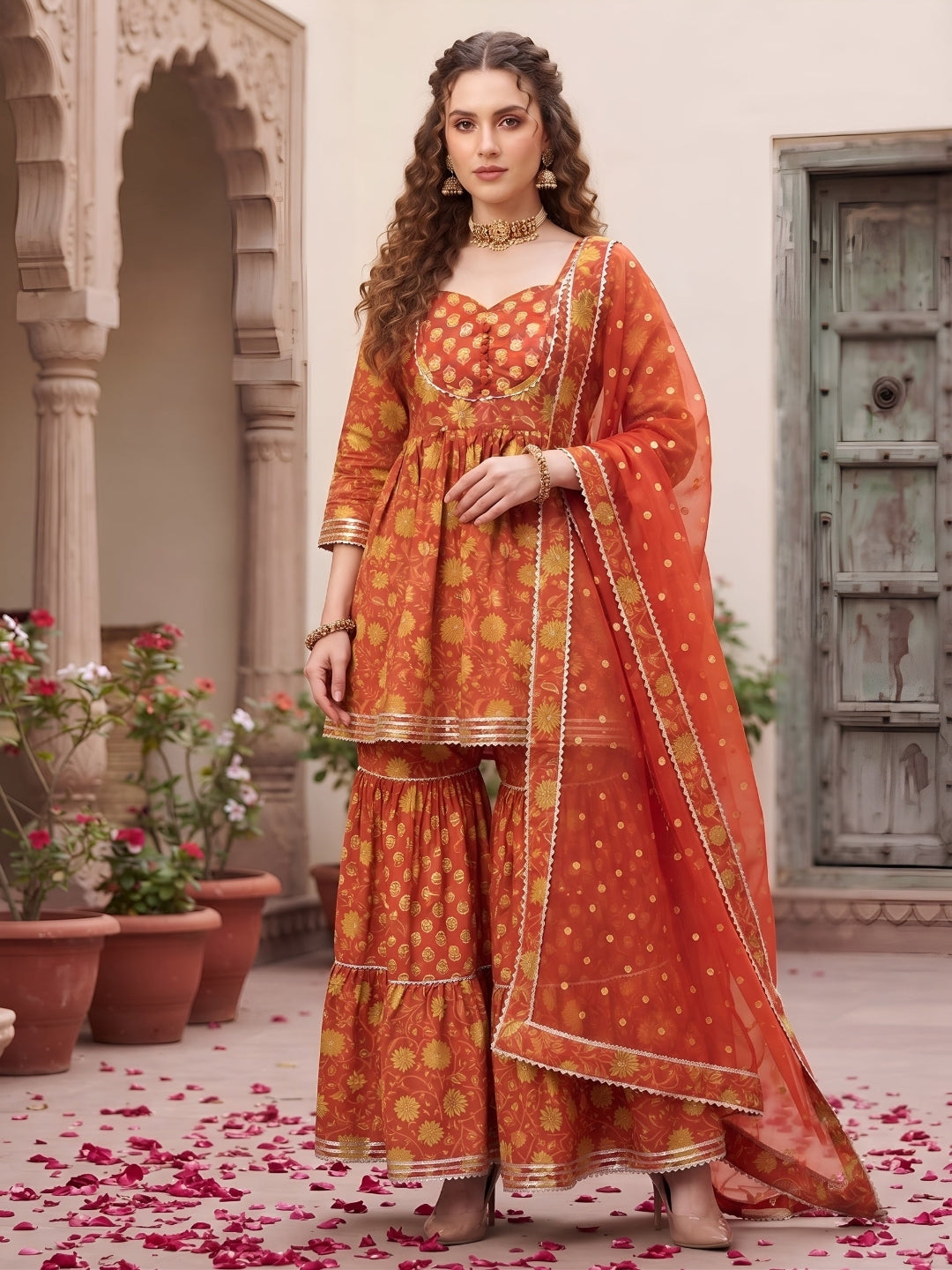 Printed Peplum Kurta Set With Dupatta