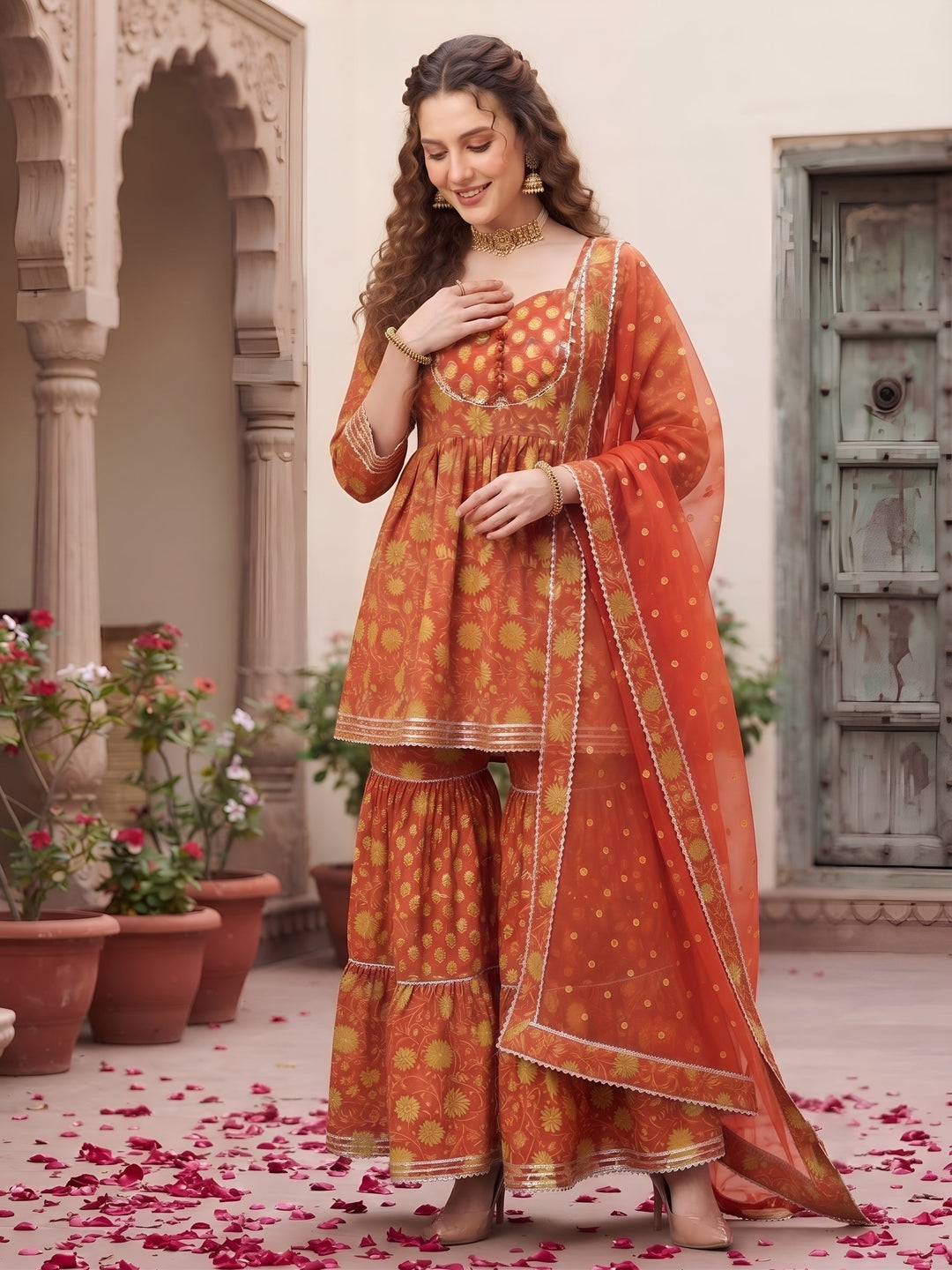 Printed Peplum Kurta Set With Dupatta