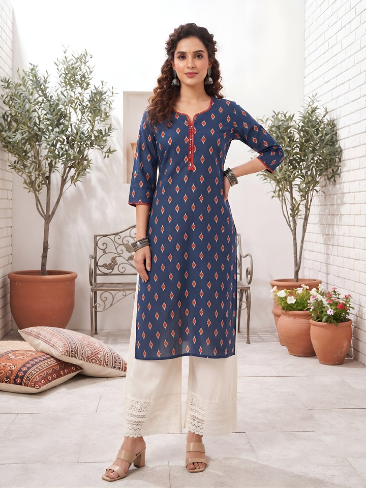 Printed Straight Kurta With Three Quarter Sleeves
