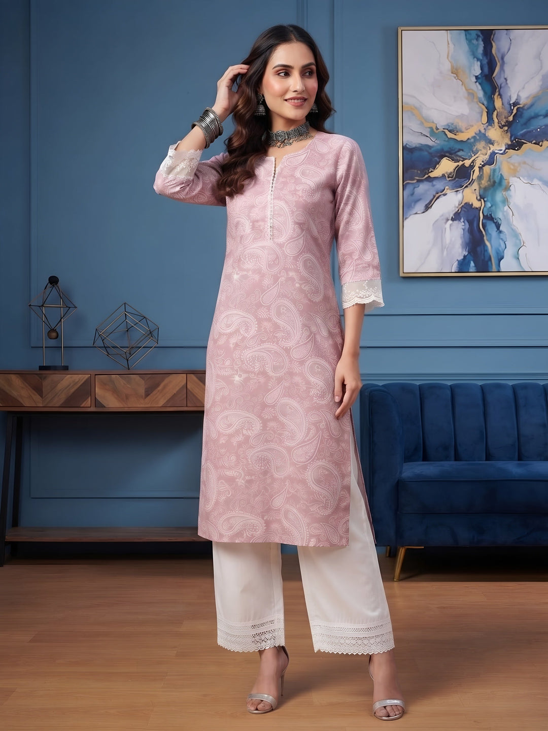 Printed Straight Kurta With Three Quarter Sleeves