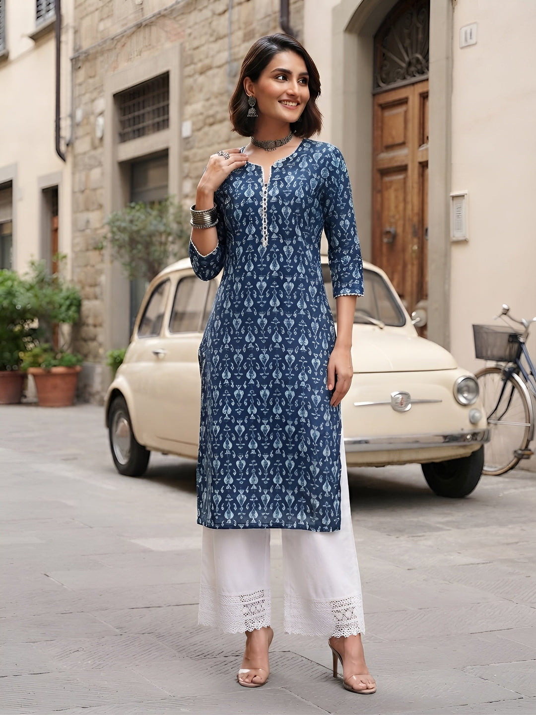 Printed Straight Kurta With Three Quarter Sleeves