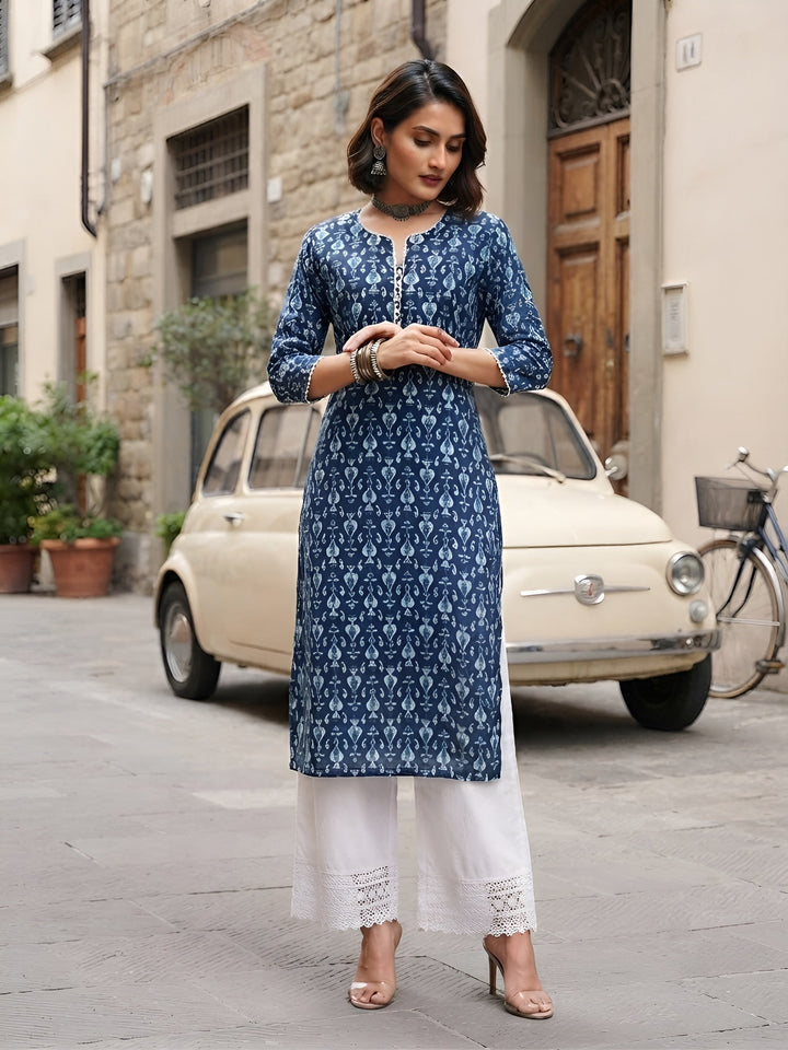 Printed Straight Kurta With Three Quarter Sleeves