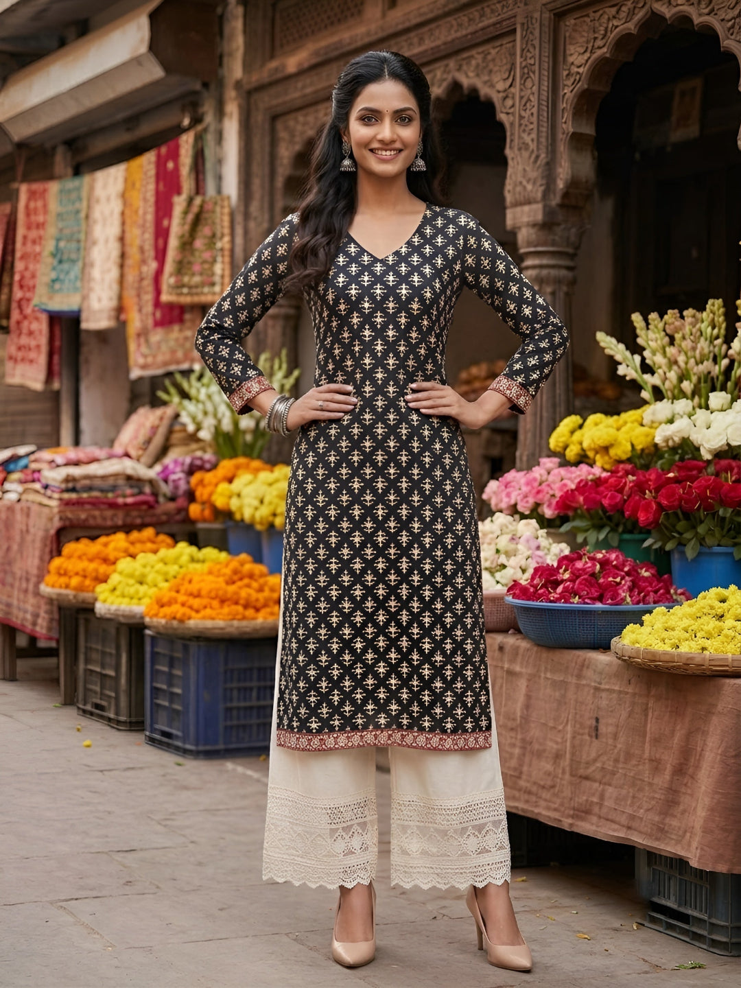 Printed Straight Kurta With Three Quarter Sleeves