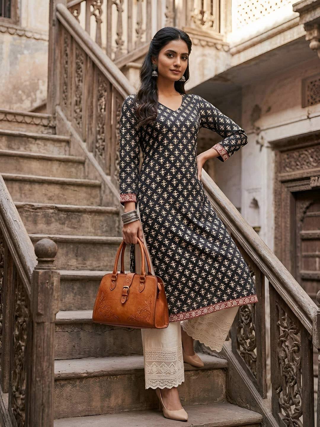 Printed Straight Kurta With Three Quarter Sleeves