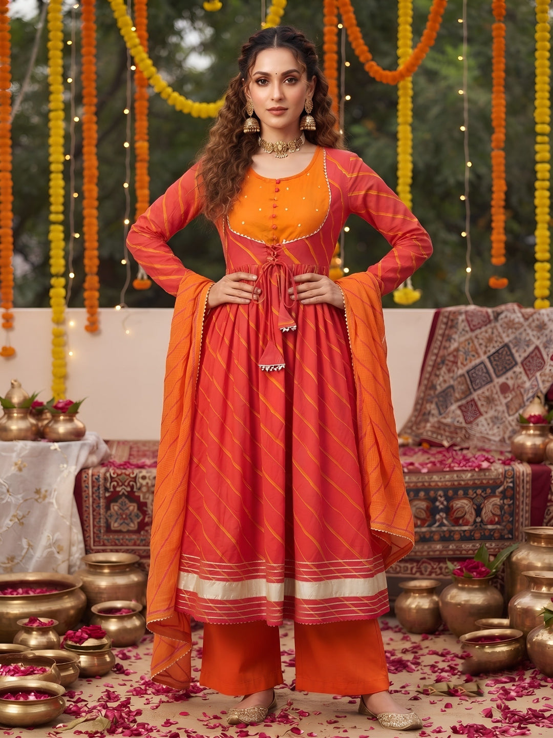 Leheriya Printed Anarkali Kurta Set With Dupatta