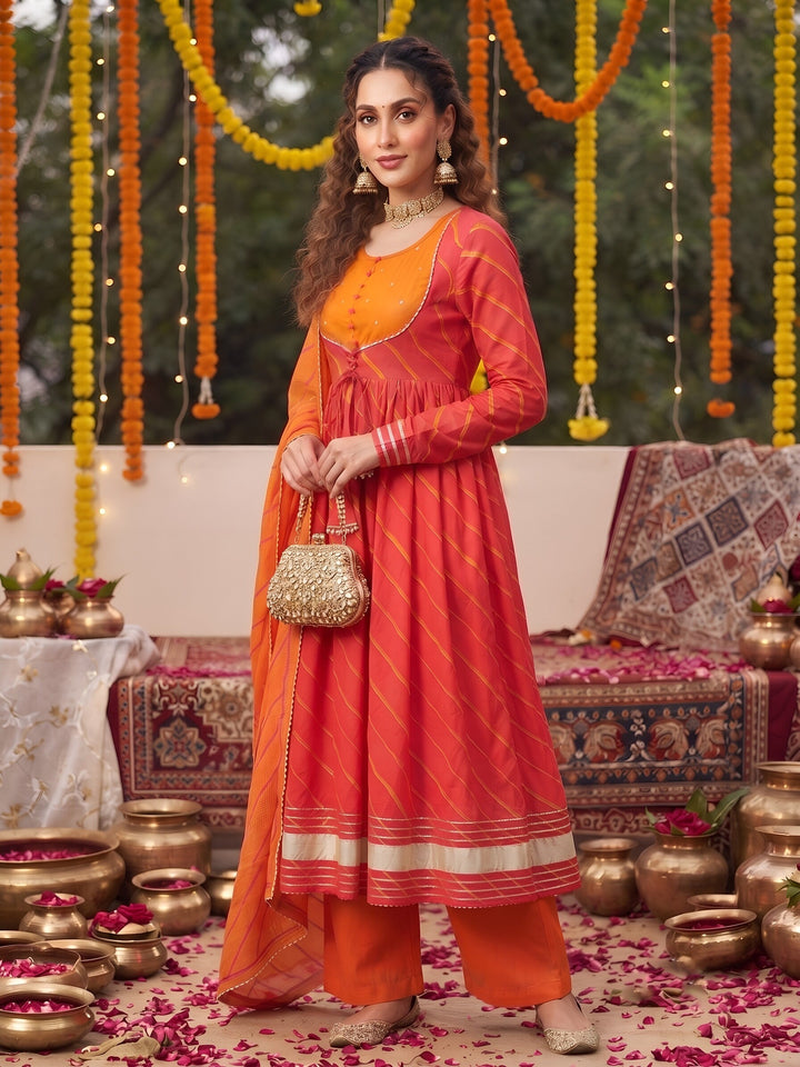 Leheriya Printed Anarkali Kurta Set With Dupatta