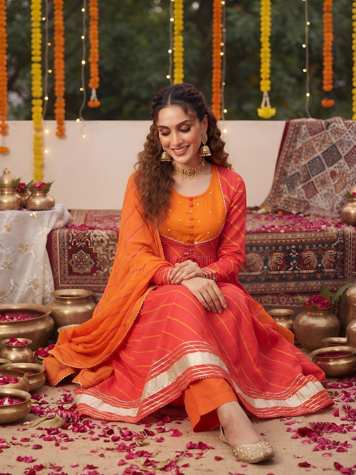 Leheriya Printed Anarkali Kurta Set With Dupatta