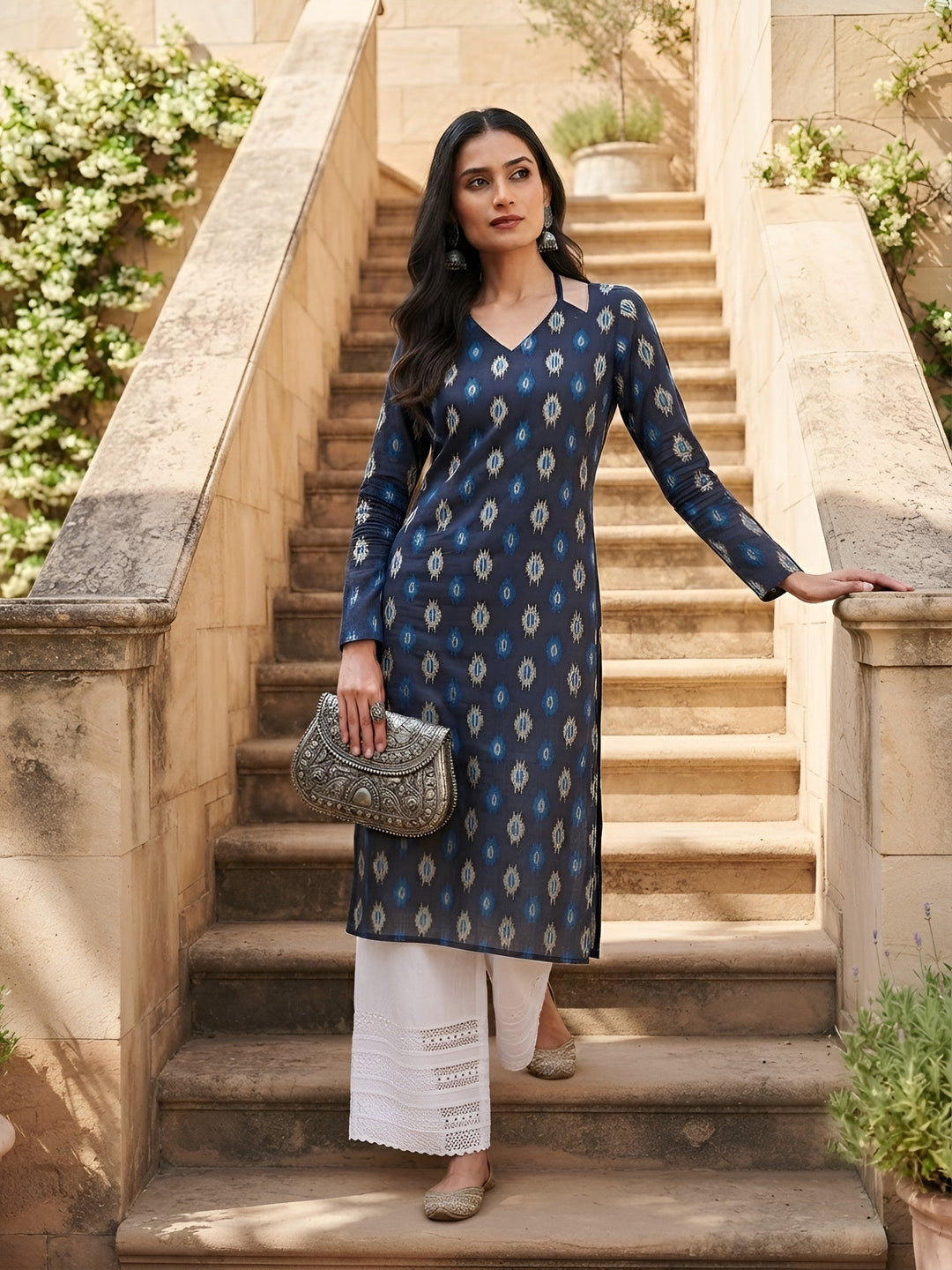 Printed Straight Kurta with Three Quarter Sleeves