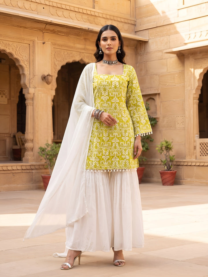 Green &amp; White Sharara Set With Dupatta