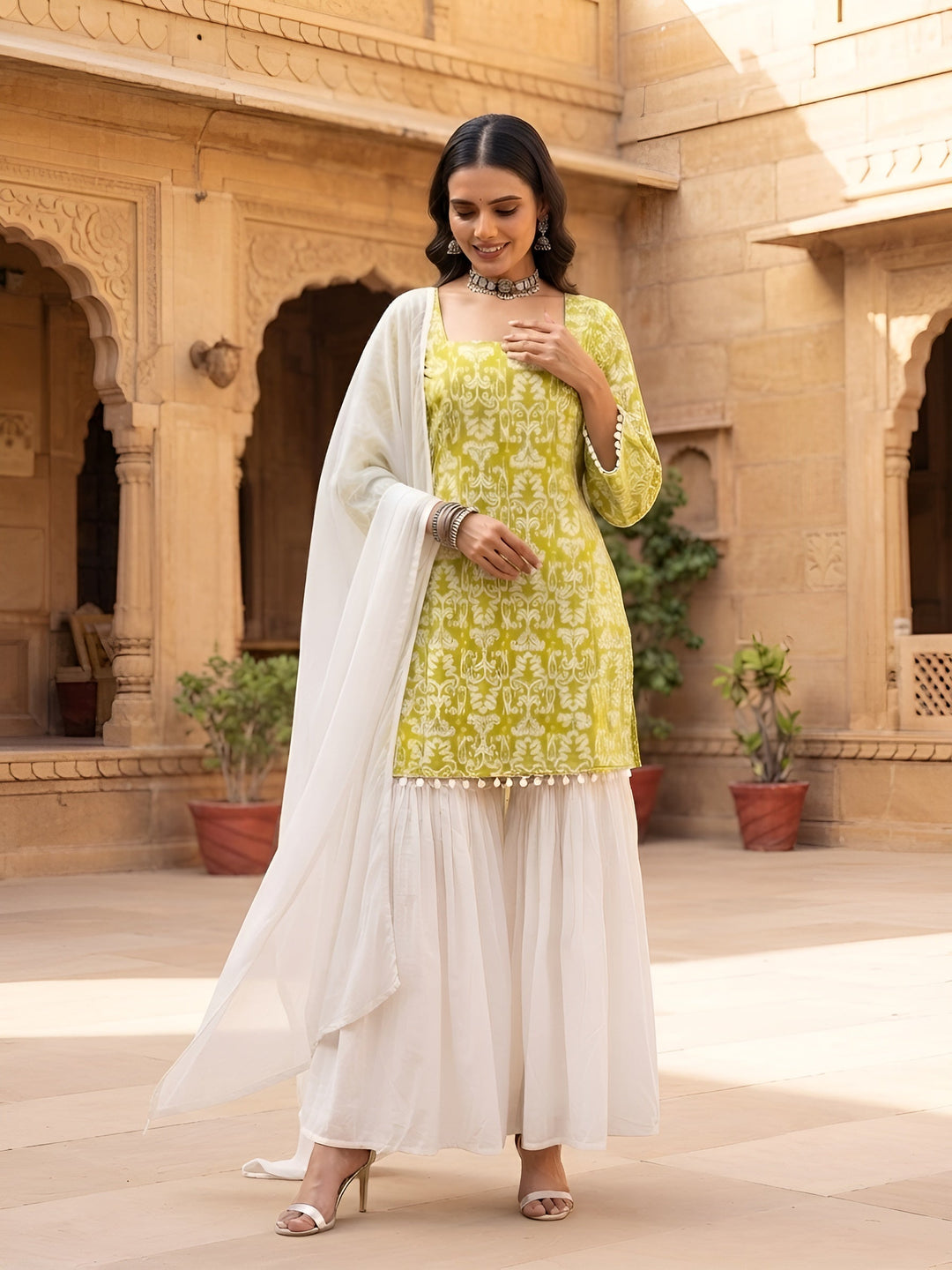 Green &amp; White Sharara Set With Dupatta