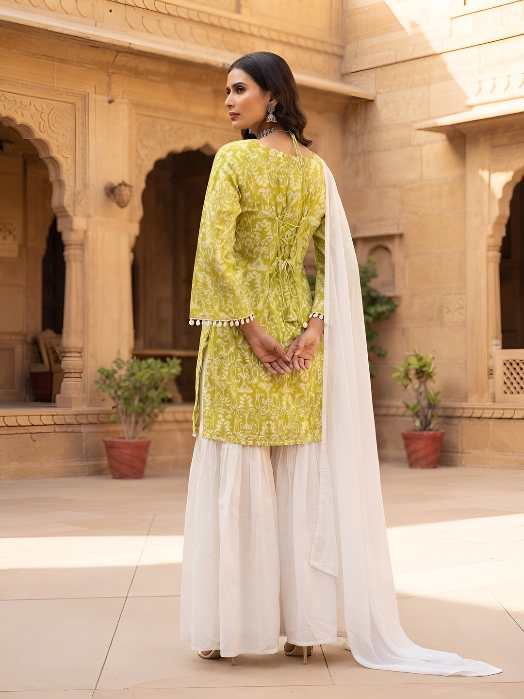 Green &amp; White Sharara Set With Dupatta