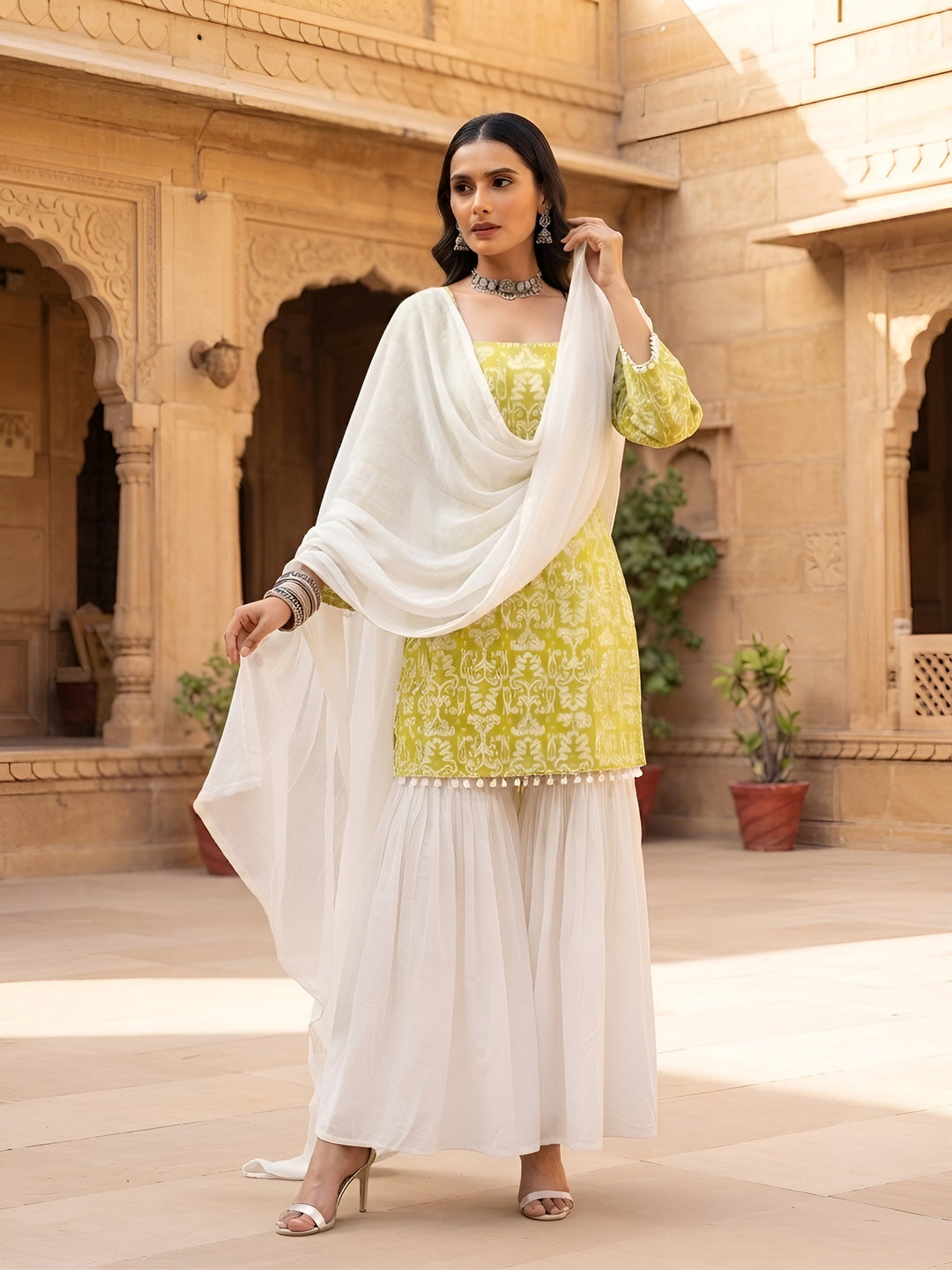 Green &amp; White Sharara Set With Dupatta