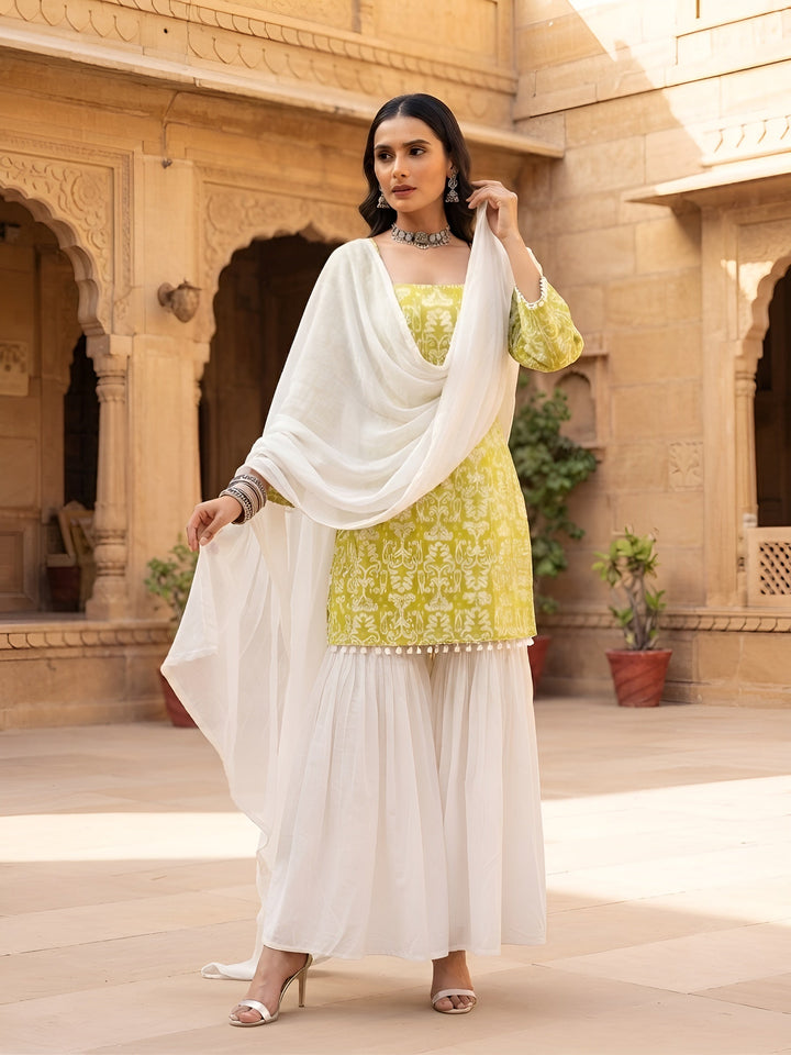 Green &amp; White Sharara Set With Dupatta