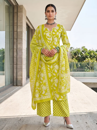 Green Printed Straigh Kurta Set With Dupatta