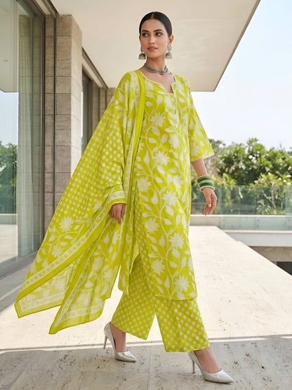 Green Printed Straigh Kurta Set With Dupatta