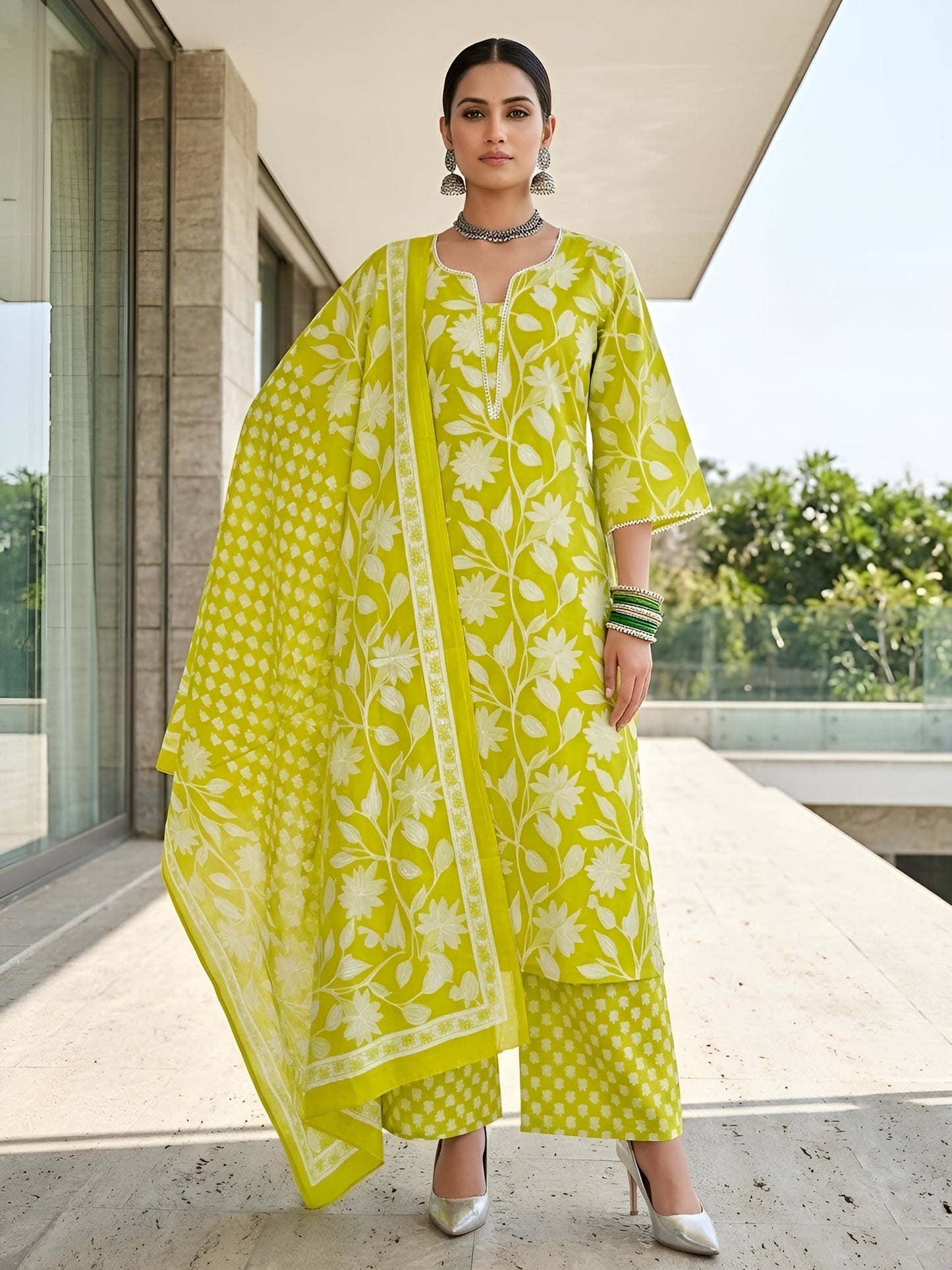 Green Printed Straigh Kurta Set With Dupatta