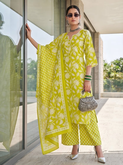Green Printed Straigh Kurta Set With Dupatta