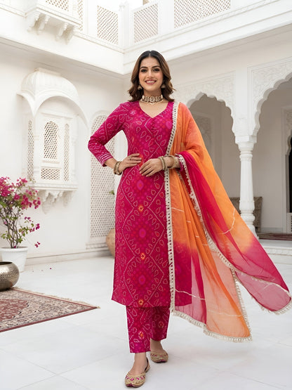 Bandhani Printed Straight Kurta Set With Dupatta