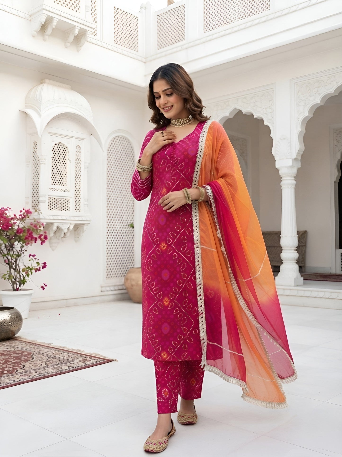 Bandhani Printed Straight Kurta Set With Dupatta
