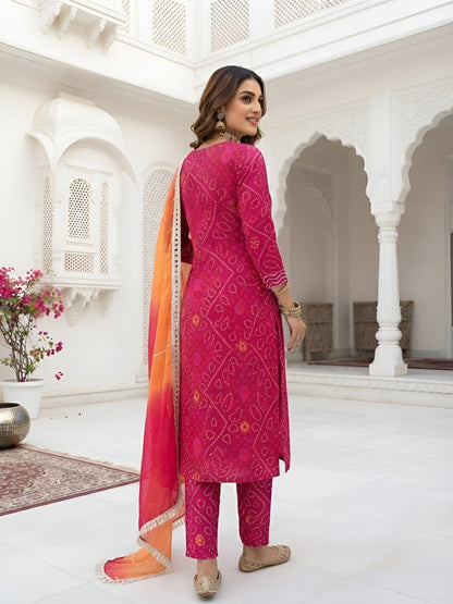 Bandhani Printed Straight Kurta Set With Dupatta