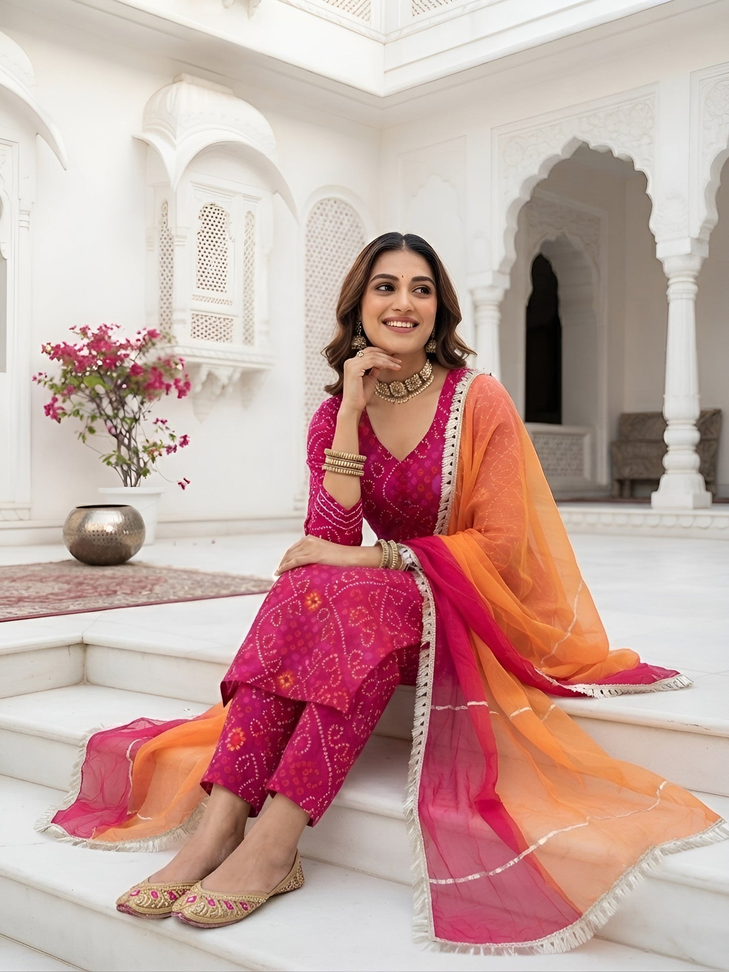 Bandhani Printed Straight Kurta Set With Dupatta